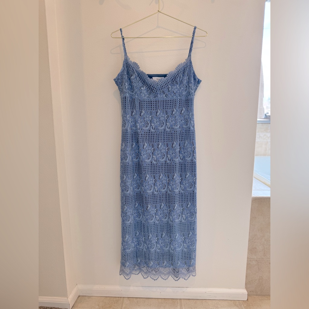 Nsr | Women’s Lace Midi Dress Cornflower Dusty Blue Floral Spaghetti Straps Sz M
